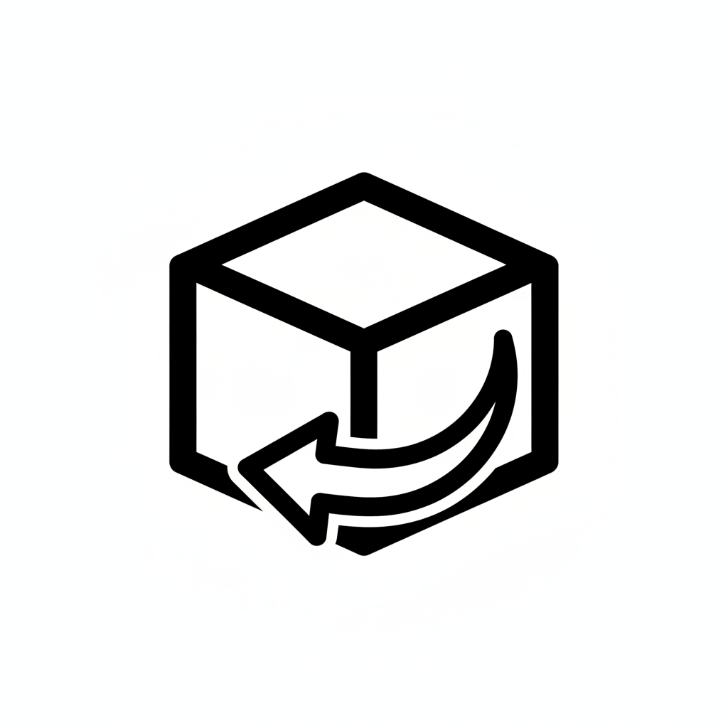 Minimalistische vector icon van retouren. Een doos met een gebogen pijl die terugdraait. Flat design. Zwart en Wit. Geen tekst. Geen schaduwen. Geen gradients. Strakke lijnen. Gelijkmatige lijndikte. Geschikt als webshop icoon. Transparante achtergrond. SVG stijl.